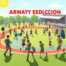 A vibrant and energetic scene illustrating Army Physical Education training