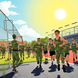 A vibrant and energetic scene illustrating Army Physical Education training