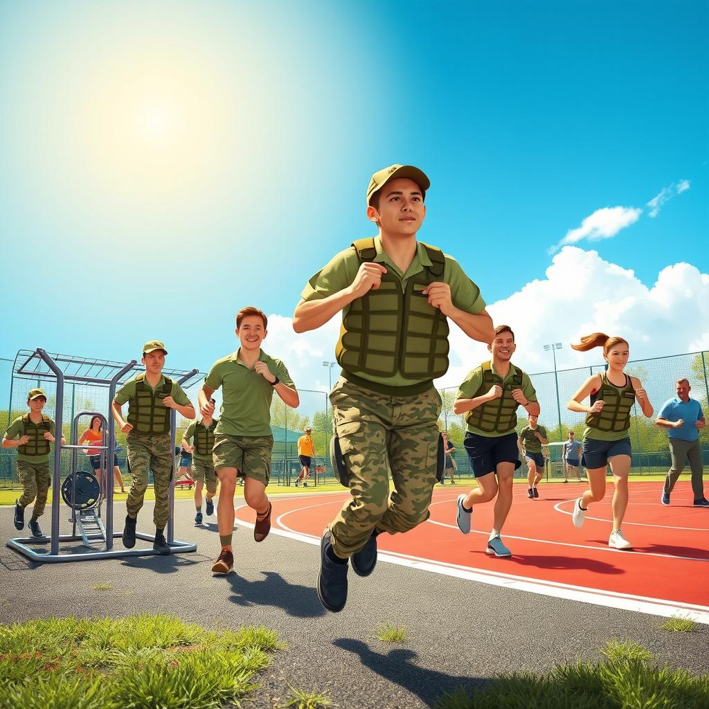 A vibrant and energetic scene illustrating Army Physical Education training