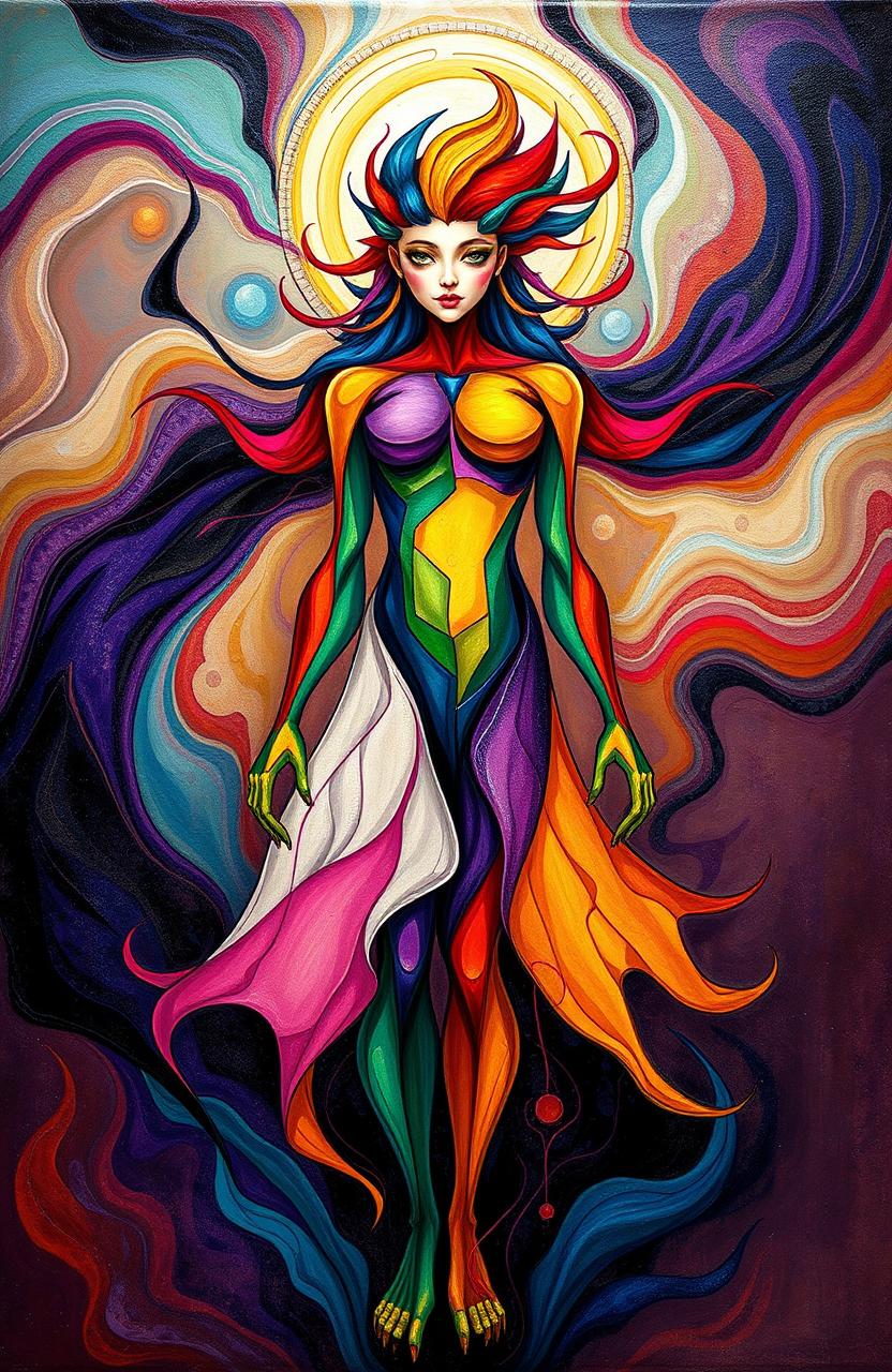 An abstract depiction of a human character, featuring vibrant colors and fluid shapes that suggest movement and emotion