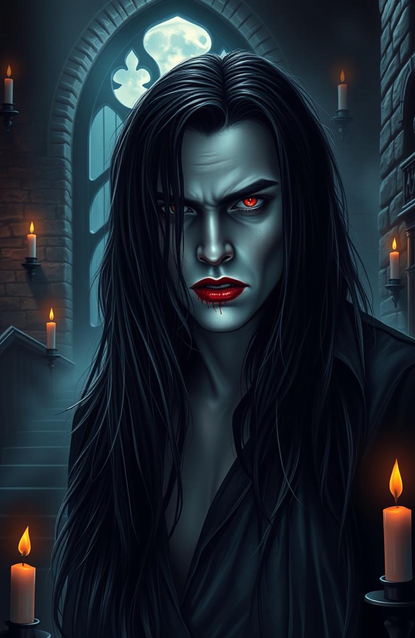 A dark and atmospheric vampire portrait set in an eerie castle, featuring a fierce and elegant vampire with long flowing black hair and piercing red eyes