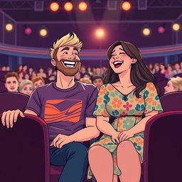 A delightful retro pixel art illustration showcasing a charming couple sitting in seats at a comedian show, both bursting with laughter