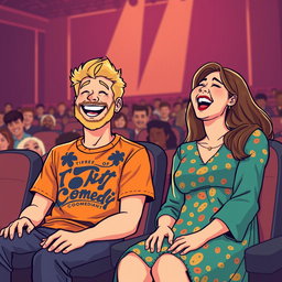 A delightful retro pixel art illustration showcasing a charming couple sitting in seats at a comedian show, both bursting with laughter