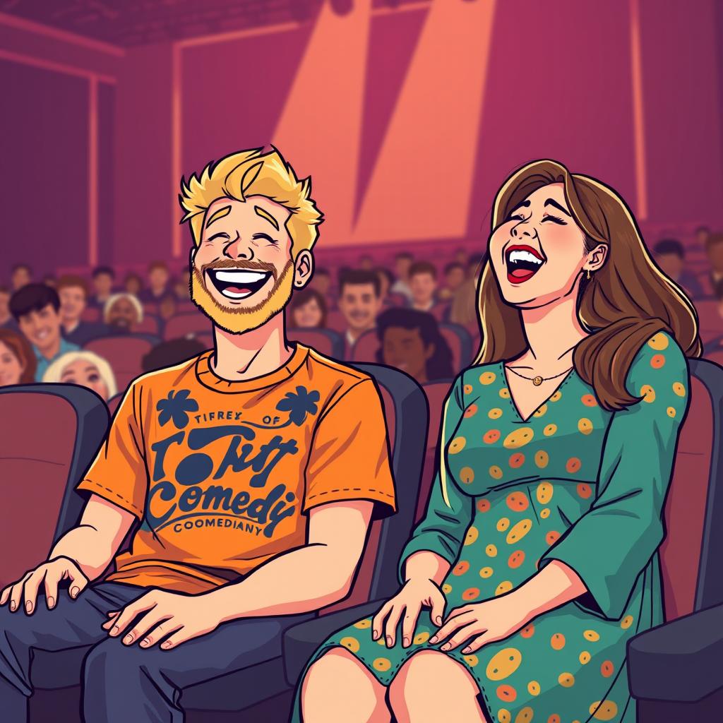 A delightful retro pixel art illustration showcasing a charming couple sitting in seats at a comedian show, both bursting with laughter