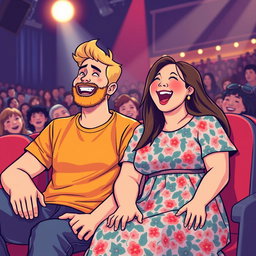 A delightful retro pixel art illustration showcasing a charming couple sitting in seats at a comedian show, both bursting with laughter