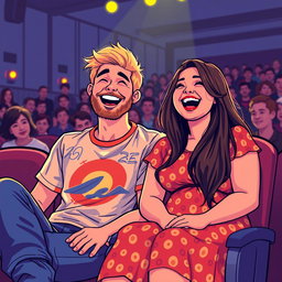 A delightful retro pixel art illustration showcasing a charming couple sitting in seats at a comedian show, both bursting with laughter
