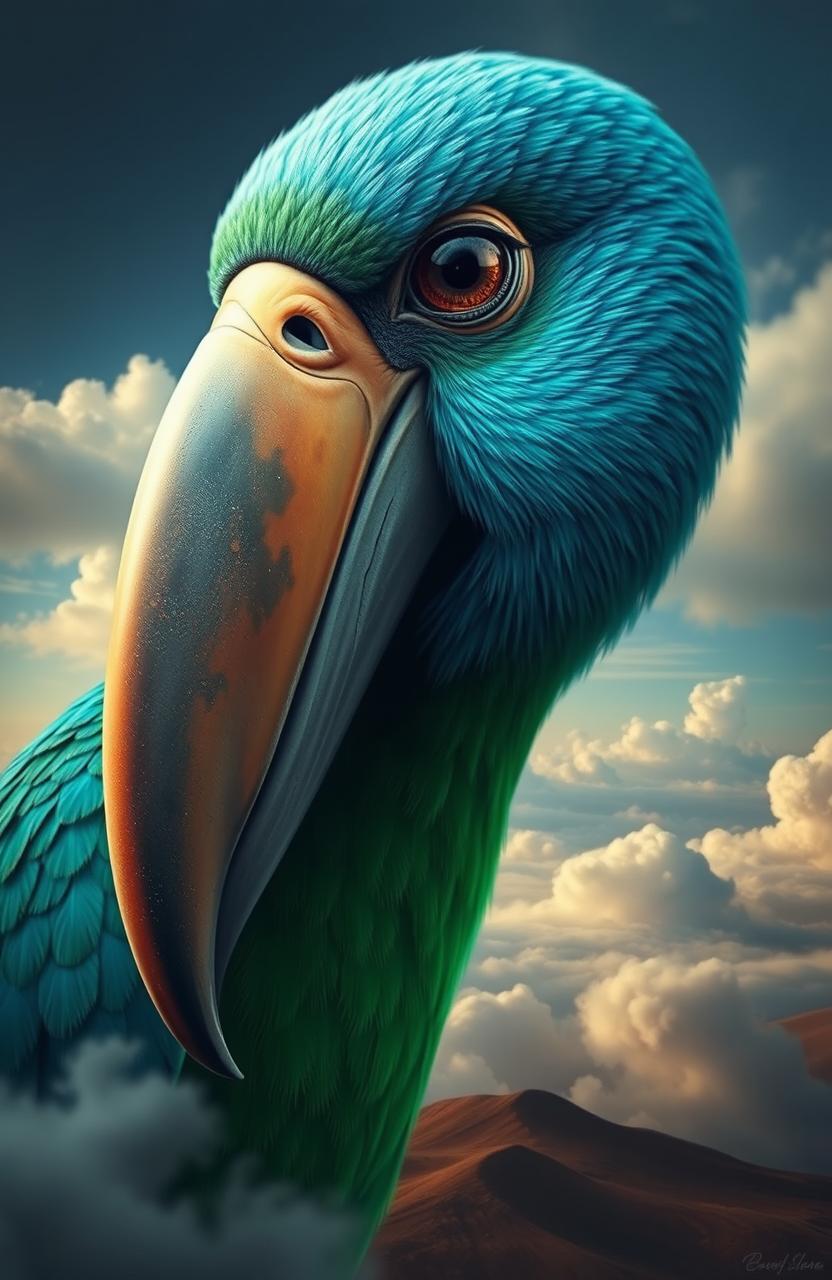 A surreal artwork featuring a bird with a human-like face