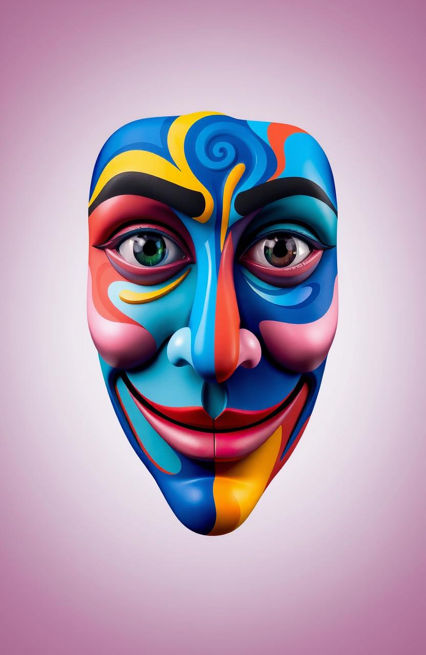 An abstract representation of a human face, featuring distinct facial features artistically blended into a vibrant, colorful mask design