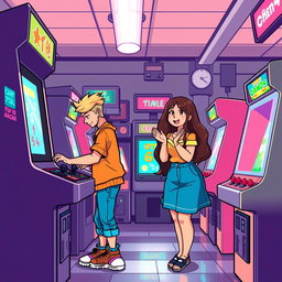 A charming retro pixel art illustration featuring a cute couple engrossed in playing at an arcade