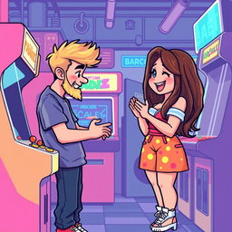 A charming retro pixel art illustration featuring a cute couple engrossed in playing at an arcade