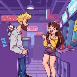 A charming retro pixel art illustration featuring a cute couple engrossed in playing at an arcade