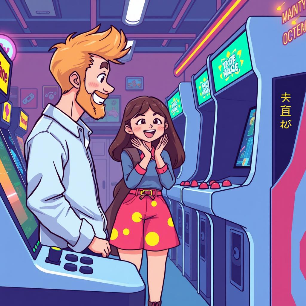 A charming retro pixel art illustration featuring a cute couple engrossed in playing at an arcade