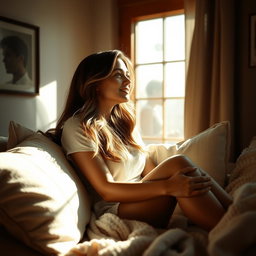 A beautifully serene scene capturing a woman lost in daydreaming, her expression reflecting thoughts of a man she admires