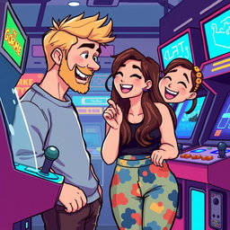 A cute retro pixel art scene depicting a couple having fun at an arcade