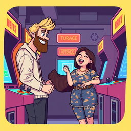 A cute retro pixel art scene depicting a couple having fun at an arcade