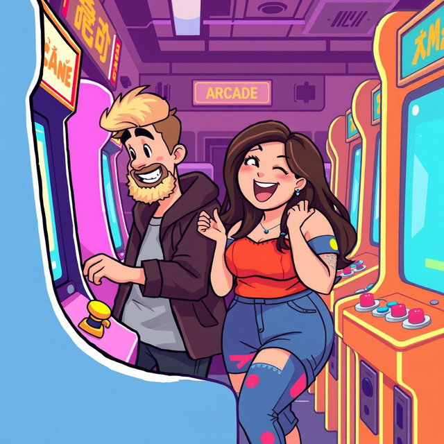 A cute retro pixel art scene depicting a couple having fun at an arcade