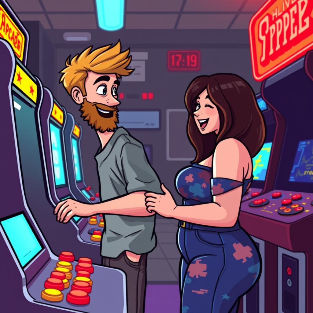 A cute retro pixel art scene depicting a couple having fun at an arcade
