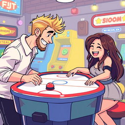A charming retro pixel art scene depicting a cute couple having a great time playing an air hockey game