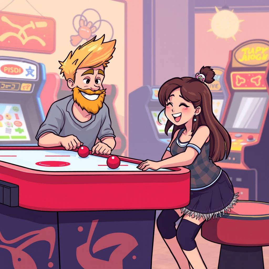 A charming retro pixel art scene depicting a cute couple having a great time playing an air hockey game