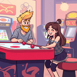 A charming retro pixel art scene depicting a cute couple having a great time playing an air hockey game