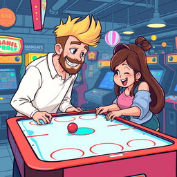 A charming retro pixel art scene depicting a cute couple having a great time playing an air hockey game