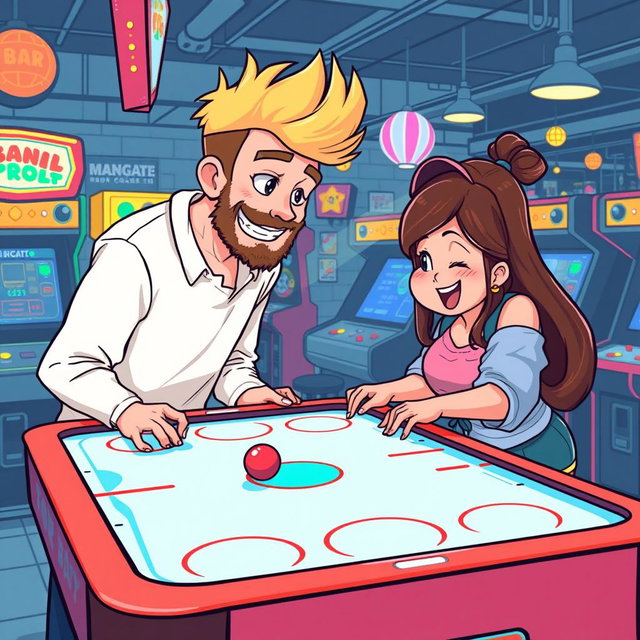 A charming retro pixel art scene depicting a cute couple having a great time playing an air hockey game