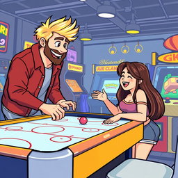 A charming retro pixel art scene depicting a cute couple having a great time playing an air hockey game