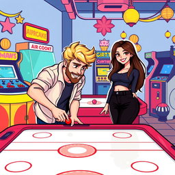 A delightful retro pixel art scene showcasing a cute couple playing an air hockey game