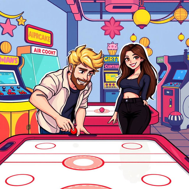 A delightful retro pixel art scene showcasing a cute couple playing an air hockey game