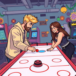 A delightful retro pixel art scene showcasing a cute couple playing an air hockey game