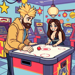 A delightful retro pixel art scene showcasing a cute couple playing an air hockey game
