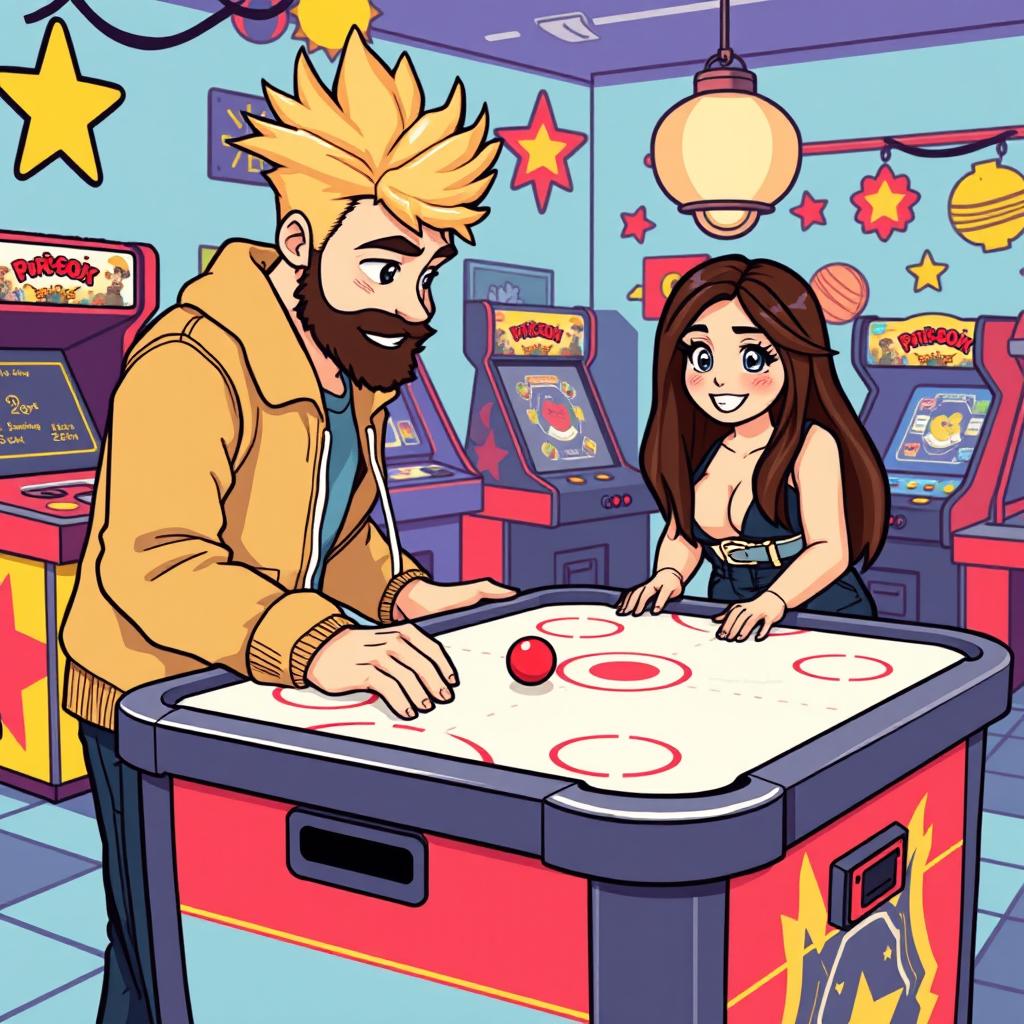 A delightful retro pixel art scene showcasing a cute couple playing an air hockey game