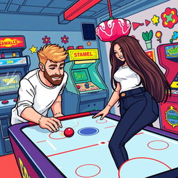 A delightful retro pixel art scene showcasing a cute couple playing an air hockey game