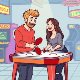 A cute retro pixel art illustration of a couple enjoying a game of air hockey