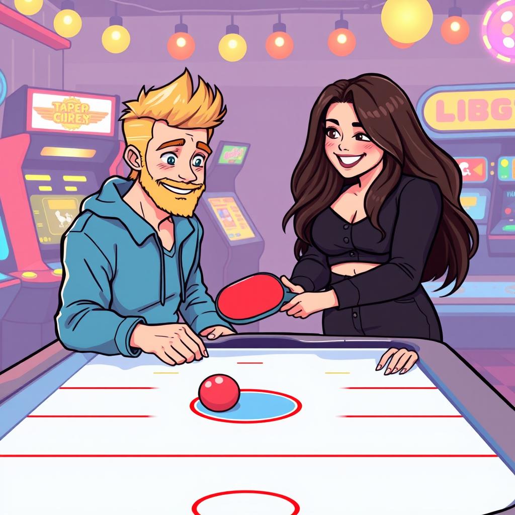 A cute retro pixel art illustration of a couple enjoying a game of air hockey