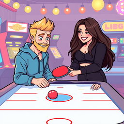 A cute retro pixel art illustration of a couple enjoying a game of air hockey