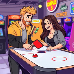 A cute retro pixel art illustration of a couple enjoying a game of air hockey