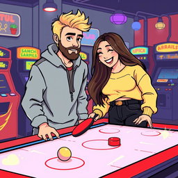A cute retro pixel art illustration of a couple enjoying a game of air hockey