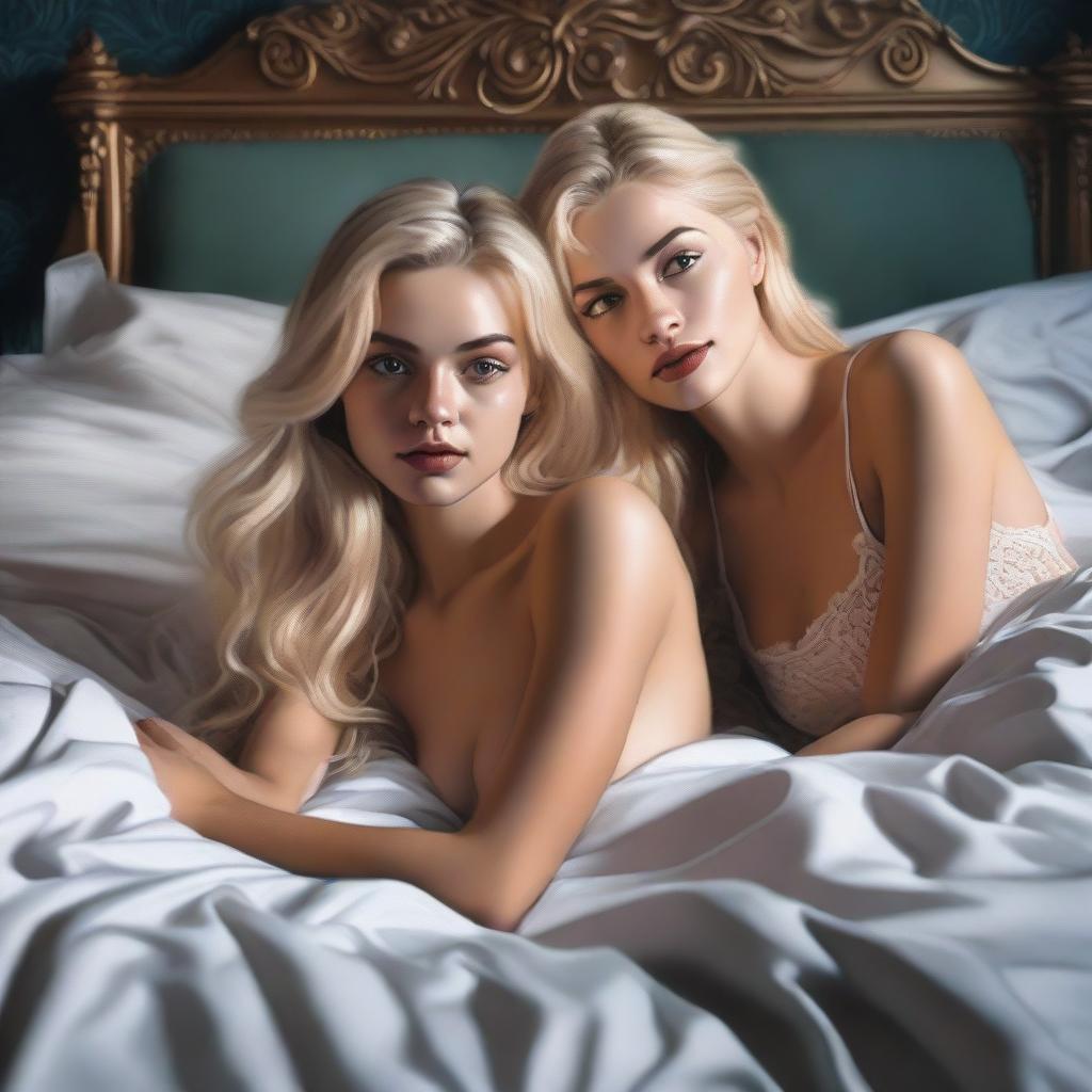 A hyper-realistic digital painting that captures the stunning beauty of blonde Instagram models lounging on beds