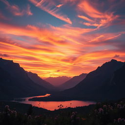 A breathtaking cinematic background featuring a stunning sunset over a dramatic mountain landscape