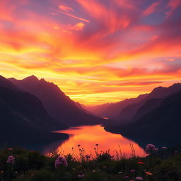 A breathtaking cinematic background featuring a stunning sunset over a dramatic mountain landscape