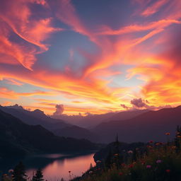 A breathtaking cinematic background featuring a stunning sunset over a dramatic mountain landscape