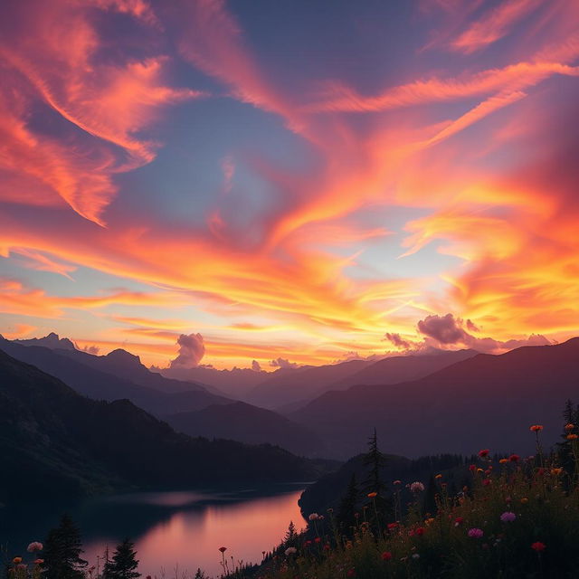 A breathtaking cinematic background featuring a stunning sunset over a dramatic mountain landscape