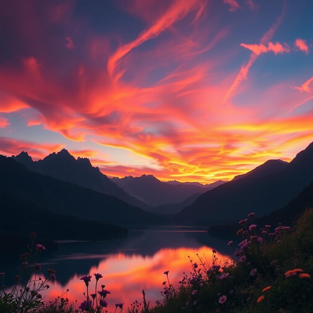 A breathtaking cinematic background featuring a stunning sunset over a dramatic mountain landscape
