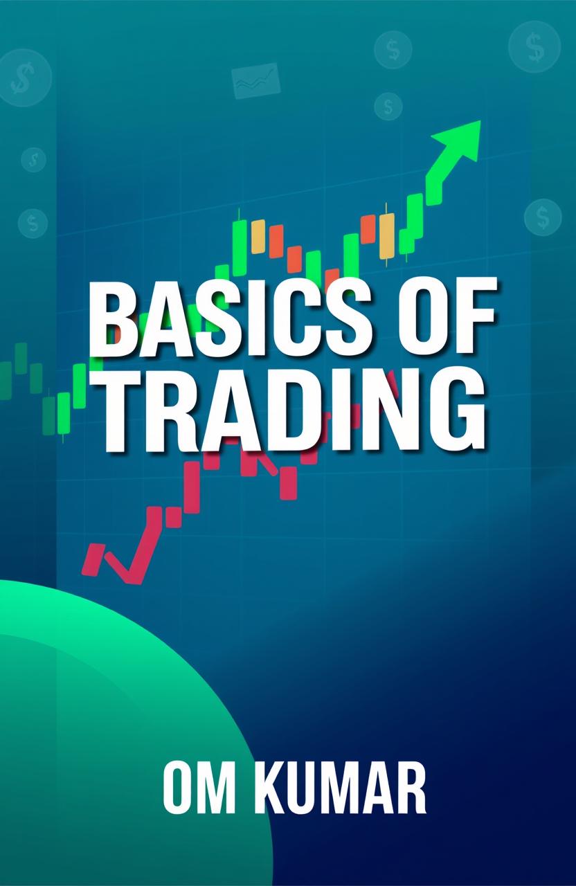 A book cover design for 'Basics of Trading' by Om Kumar, showcasing a dynamic and engaging theme of finance