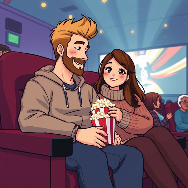 A heartwarming retro pixel art scene depicting a cute couple enjoying a movie together at the cinema