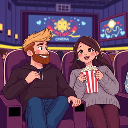 A heartwarming retro pixel art scene depicting a cute couple enjoying a movie together at the cinema