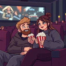 A heartwarming retro pixel art scene depicting a cute couple enjoying a movie together at the cinema