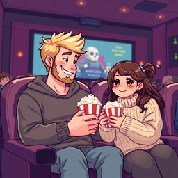 A heartwarming retro pixel art scene depicting a cute couple enjoying a movie together at the cinema
