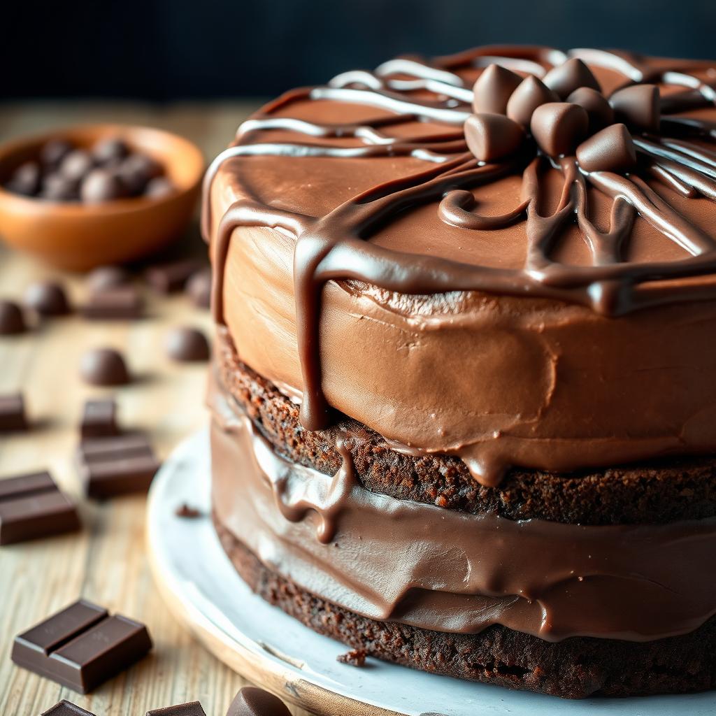 A delicious two-layer chocolate cake with rich, moist layers covered in smooth chocolate ganache